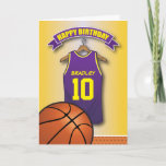 Basketball Purple Jersey Sports Custom Birthday Card<br><div class="desc">Personalised kids basketball birthday greeting cards with a yellow faded background and a yellow & purple basketball jersey which you can personalise with the childs name and age, and a basketball at the bottom. This sports birthday card will impress the birthday kid be it your son/daughter, nephew/niece, grandson/grandaughter or friend,...</div>