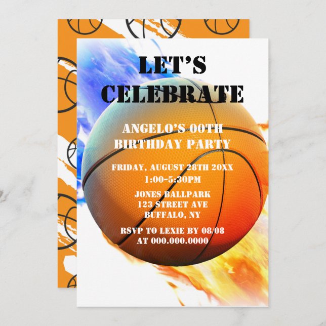 Basketball Red Blue Flames Birthday Party Invites (Front/Back)