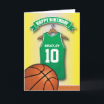 Basketball Red Jersey Sports Custom Birthday Card<br><div class="desc">Personalised kids basketball birthday greeting cards with a yellow faded background and a green & white basketball jersey which you can personalise with the childs name and age, and a basketball at the bottom. This sports birthday card will impress the birthday kid be it your son/daughter, nephew/niece, grandson/grandaughter or friend,...</div>