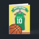 Basketball Red Jersey Sports Custom Birthday Card<br><div class="desc">Personalised kids basketball birthday greeting cards with a yellow faded background and a green & white basketball jersey which you can personalise with the childs name and age, and a basketball at the bottom. This sports birthday card will impress the birthday kid be it your son/daughter, nephew/niece, grandson/grandaughter or friend,...</div>