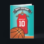 Basketball Red Jersey Sports Custom Birthday Card<br><div class="desc">Personalised kids basketball birthday greeting cards with a blue faded background and a red & black basketball jersey which you can personalise with the childs name and age, and a basketball at the bottom. This sports birthday card will impress the birthday kid be it your son/daughter, nephew/niece, grandson/grandaughter or friend,...</div>