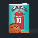 Basketball Red Jersey Sports Custom Birthday Card<br><div class="desc">Personalised kids basketball birthday greeting cards with a blue faded background and a red & black basketball jersey which you can personalise with the childs name and age, and a basketball at the bottom. This sports birthday card will impress the birthday kid be it your son/daughter, nephew/niece, grandson/grandaughter or friend,...</div>