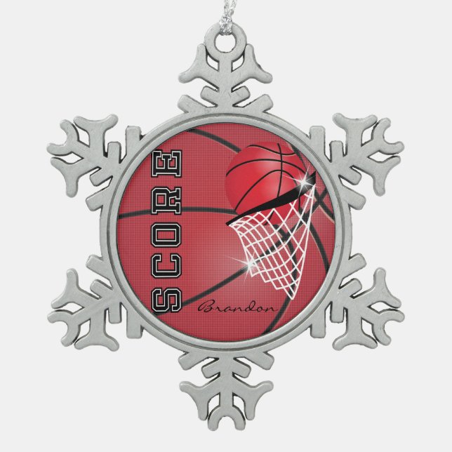 Basketball | Red | Personalise Snowflake Pewter Christmas Ornament (Front)