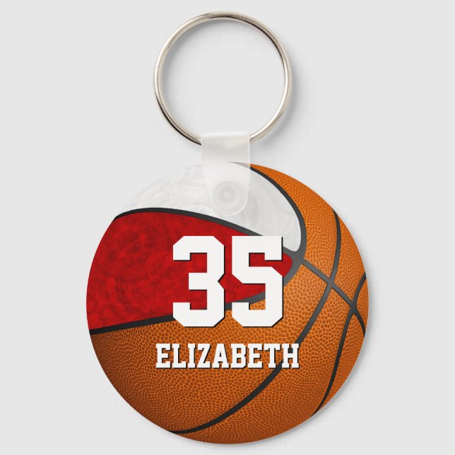 basketball red white girls school team colours key ring (Front)