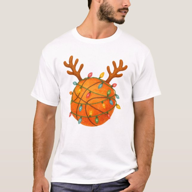 Basketball Reindeer Christmas Lights Funny Sport T-Shirt (Front)