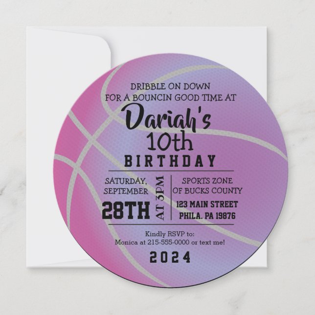 BASKETBALL ROUND Birthday Party PURPLE Invitation (Front)