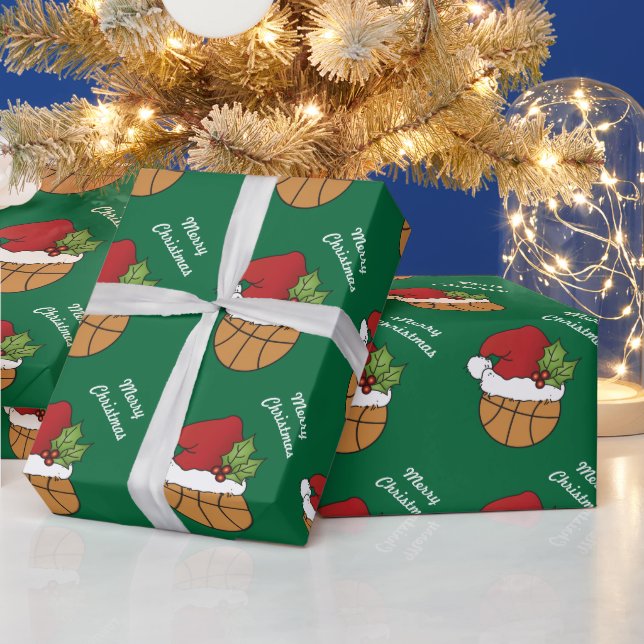 Basketball Santa Hat on Green Background Wrapping Paper (Holidays)