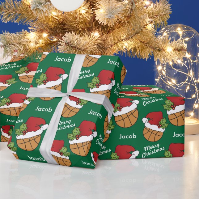 Basketball Santa Hat on Green Background Wrapping Wrapping Paper (Holidays)