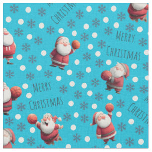 Basketball Santa on Bright Turquoise Blue Fabric