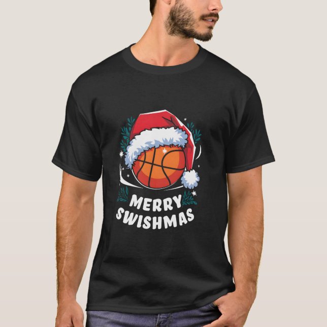 Basketball Santas Hat X Mas Vacation Funny Merry S T-Shirt (Front)