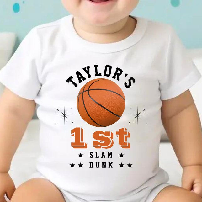 Basketball Slam Dunk 1st Birthday Party Baby Bodysuit (Basketball Slam Dunk 1st Birthday Party Parent Baby Bodysuit)