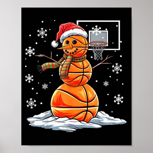 Basketball Snowman Player Santa Hat Christmas Funn Poster (Front)