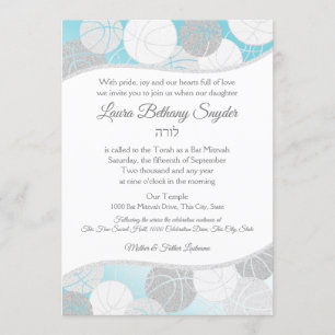 Basketball Sports Bat Mitzvah Blue and Silver Invitation