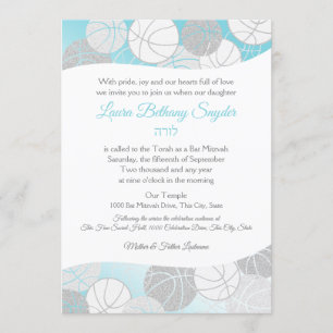 Basketball Sports Bat Mitzvah Blue and Silver Invitation