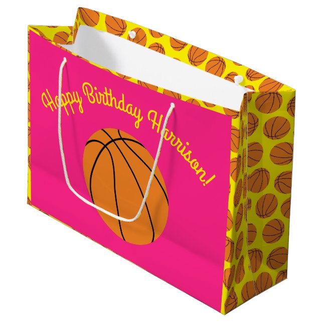 Basketball Sports Birthday Party Pink Large Gift Bag (Front Angled)
