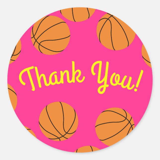 Basketball Sports Birthday Party Pink Thank You Classic Round Sticker (Front)