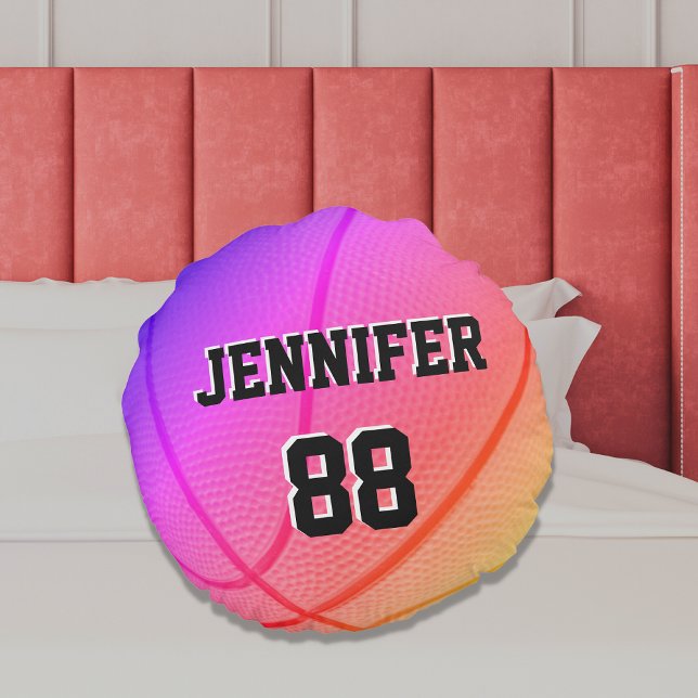 Basketball Sports Team custom name number pink Round Cushion (Creator Uploaded)