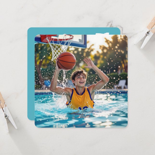 Basketball Swimming Pool Birthday Party Invitation (Front/Back In Situ)