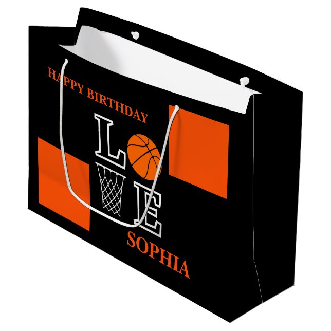 Basketball Swoosh Black Birthday Large Gift Bag (Front Angled)