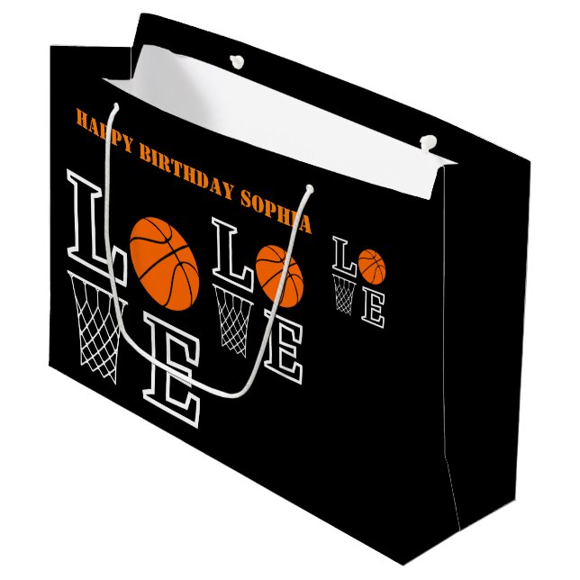 Basketball Swoosh Black Birthday Large Gift Bag (Front Angled)