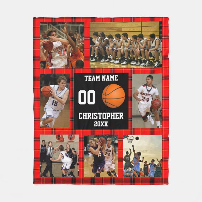 Basketball Team Photo Collage Red Tartan Fleece Blanket (Front)