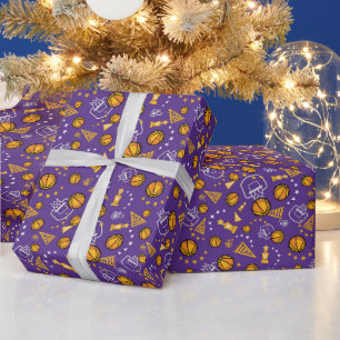Basketball Themed Pattern Design Gold & Purple Wrapping Paper