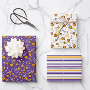 Basketball Themed Pattern Design Gold & Purple Wrapping Paper Sheet