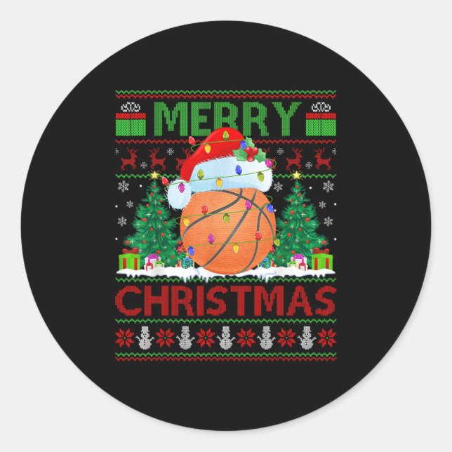 Basketball Ugly Christmas Sweater Srts Player Ligh Classic Round Sticker (Front)