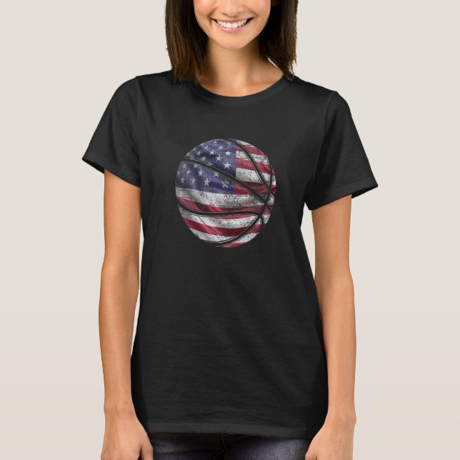Basketball Us Flag Distress Fan Sport July 4th Ame T-Shirt (Front)