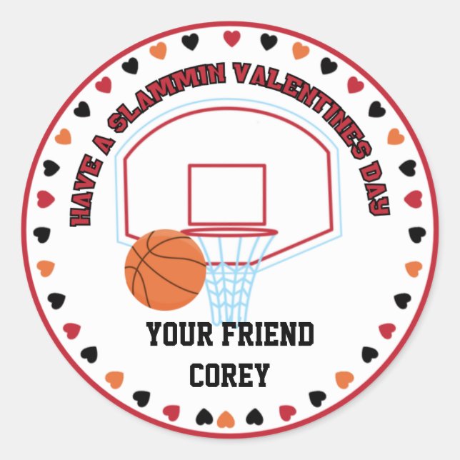 Basketball Valentines Classroom Personalised Name Classic Round Sticker (Front)