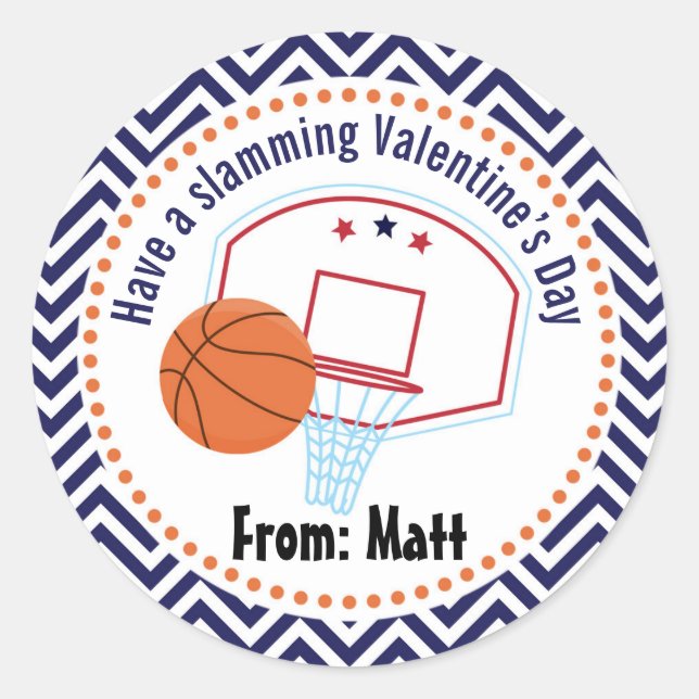 Basketball Valentines School Personalised Name Classic Round Sticker (Front)