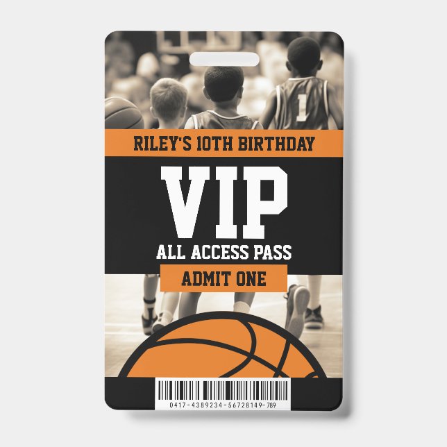 Basketball VIP Birthday Party Guest Pass ID Badge (Front)