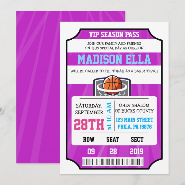 BASKETBALL VIP TICKET Bar Bat Mitzvah Invitation (Front/Back)