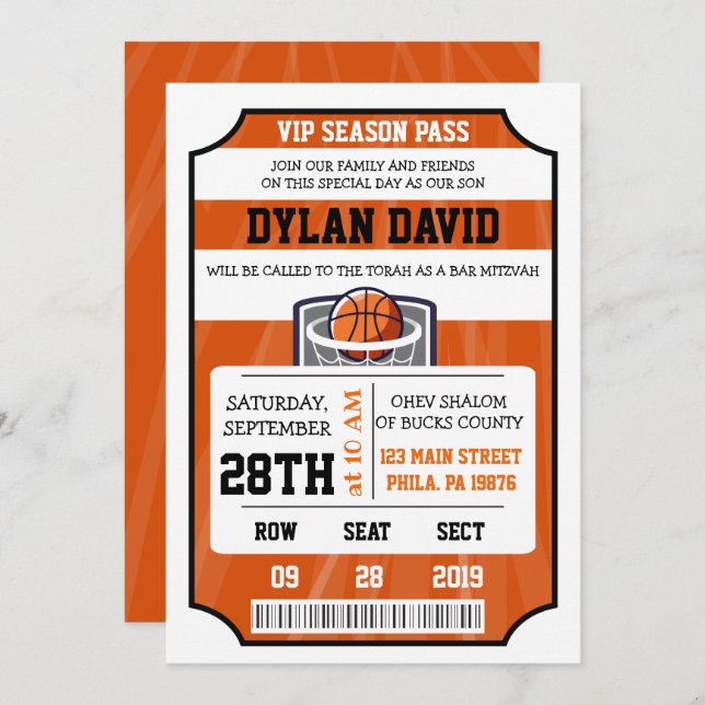 BASKETBALL VIP TICKET Bar Bat Mitzvah Invitation (Front/Back)