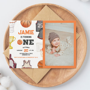 Basketball Watercolor Boys 1st Birthday Invitation