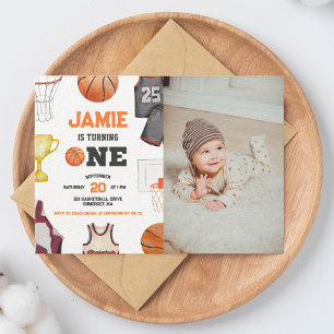Basketball Watercolor Boys 1st Birthday Invitation