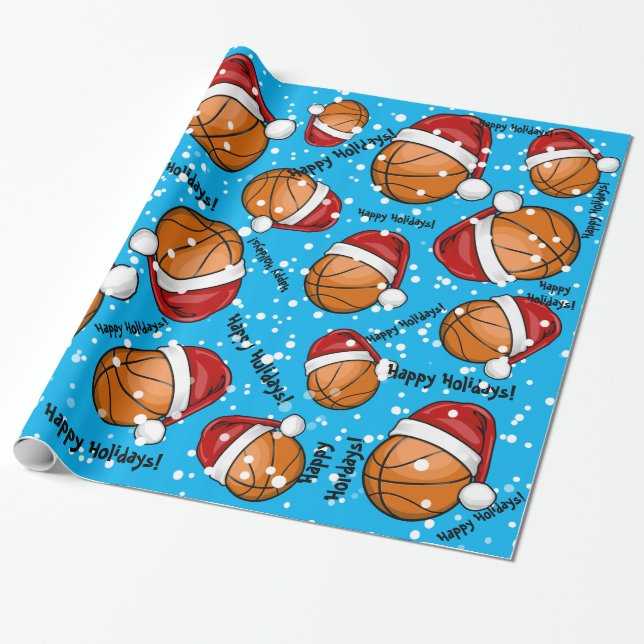 Basketball Wearing a Santa Hat Christmas Wrapping Paper (Unrolled)