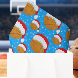 Basketball Wearing Santa's Hat & Snowflakes Blue Tissue Paper