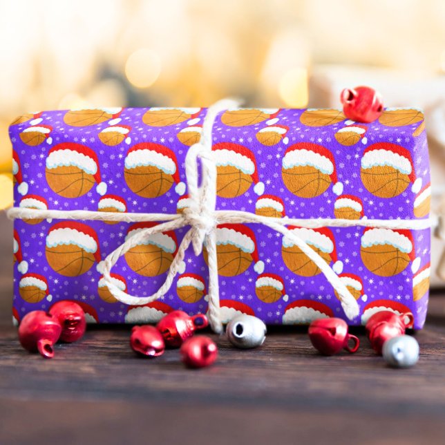 Basketball Wearing Santa's Hat & Snowflakes Purple Wrapping Paper (Creator Uploaded)