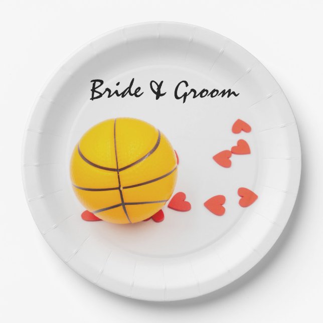 Basketball wedding with love red heart on white paper plate (Front)