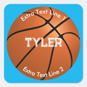 Basketball, White Name, 2 Text Lines, Sky Blue Square Sticker