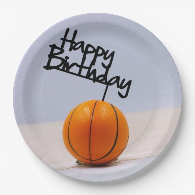 Basketball with Happy Birthday on white background Paper Plate (Front)