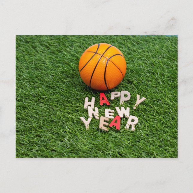 Basketball with Happy New Year wishes on green Postcard (Front)