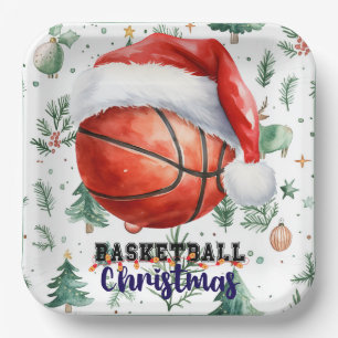 Basketball with Santa hat for Christmas Paper Plate