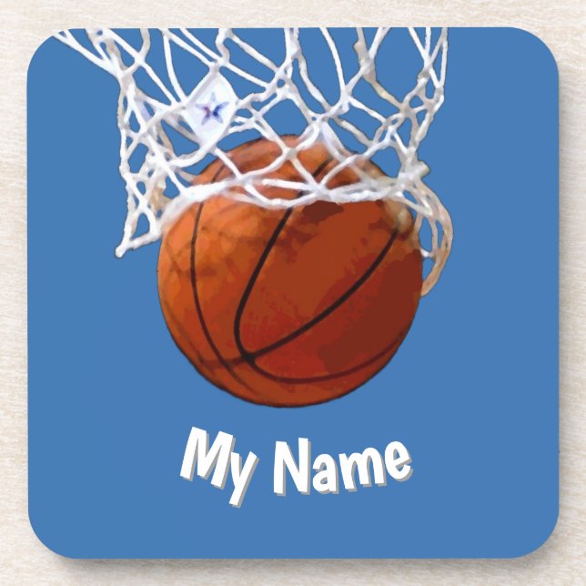 Basketball Your Name Custom Steel Blue Background Coaster (Front)