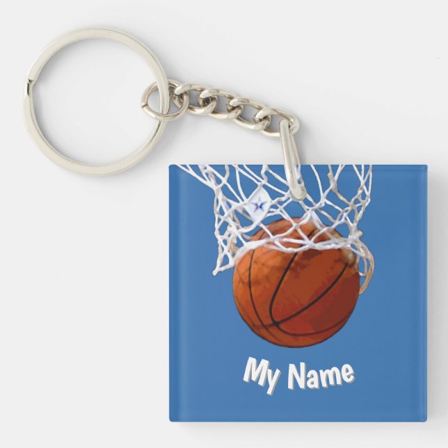 Basketball Your Name Custom Steel Blue Background Key Ring (Front)