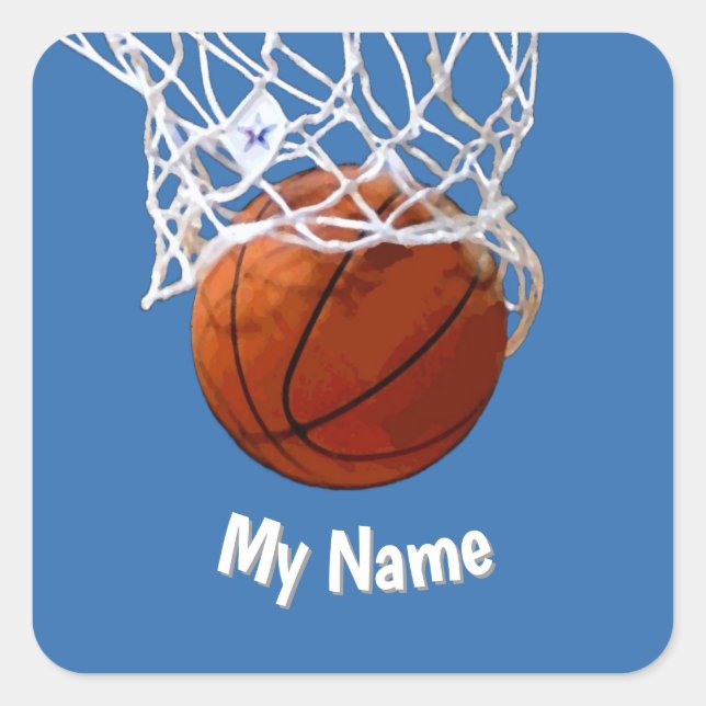 Basketball Your Name Custom Steel Blue Background Square Sticker (Front)