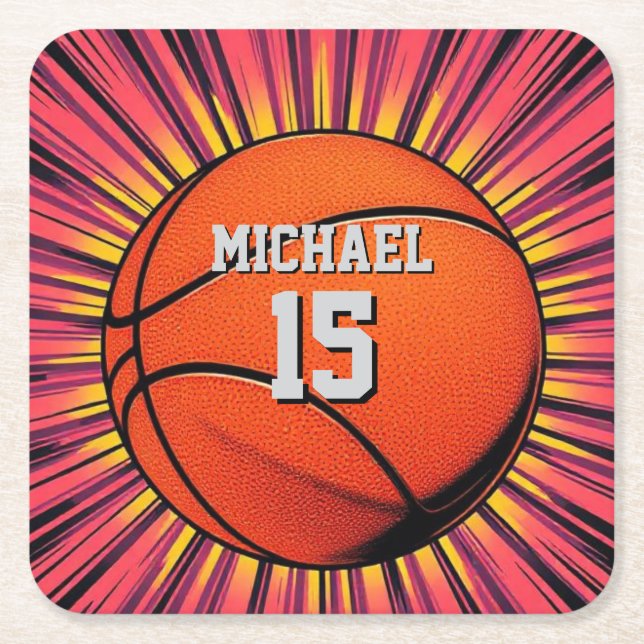 Basketball Your Name Pop Art Square Paper Coaster (Front)