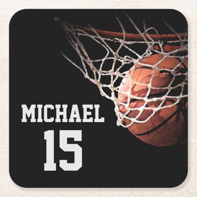 Basketball Your Name Square Paper Coaster (Front)