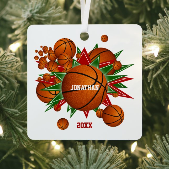 Basketballs green red stars boys girls keepsake metal tree decoration (Insitu)